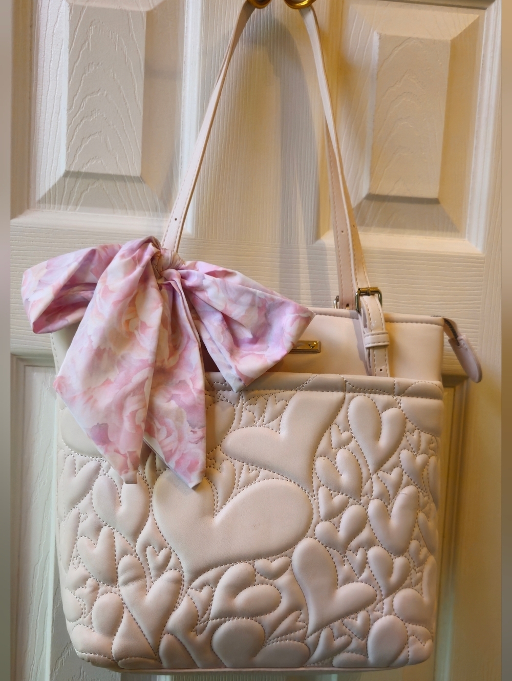 Betsey Johnson XO Aaliya Cream Quilted Heart Tote with Pink Floral Scarf